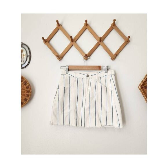AE cream blue hi rise a line‎ stripe denim skirt raw edge 4 mini - Picture 1 of 9